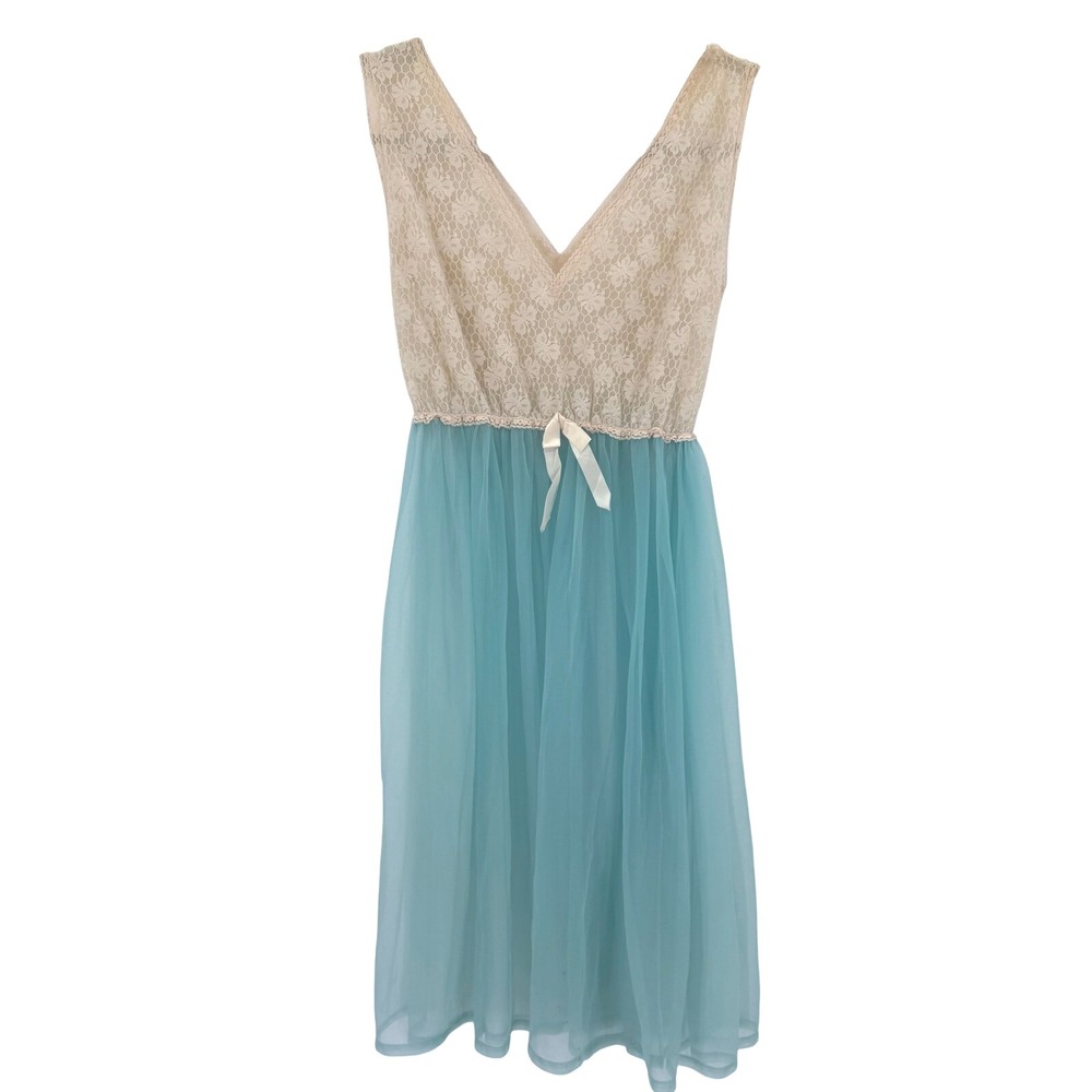 Vintage 60s Sheer Aqua Blue Tulle Lace V Neck Babydoll Nightgown Lingerie Dress